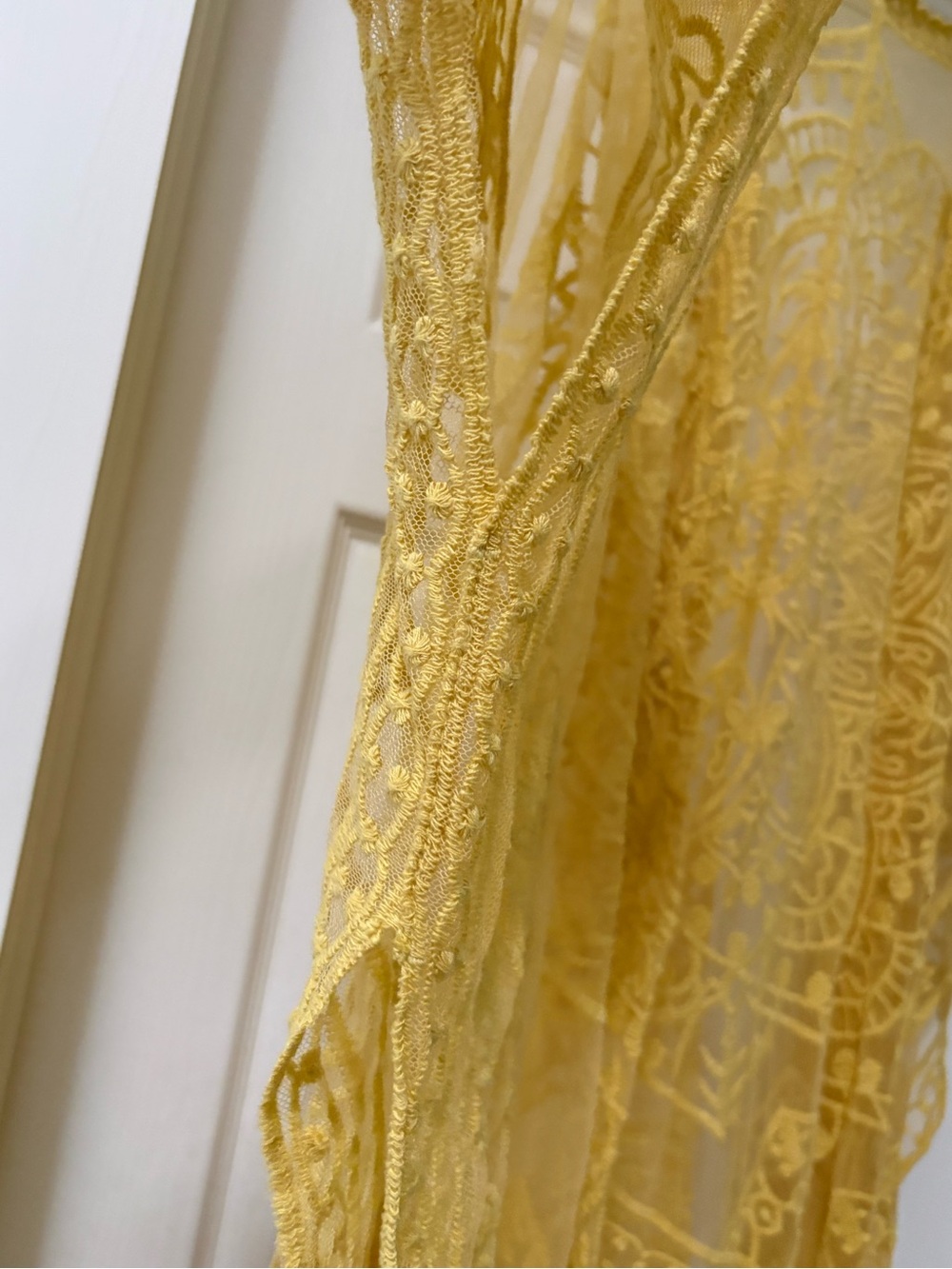 Mustard Yellow Sheer Embroidered Kimono Wrap - Picture 3 of 9